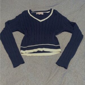 Hollister Inspired Navy V-Neck Cable Knit Sweater with Cream Stripes